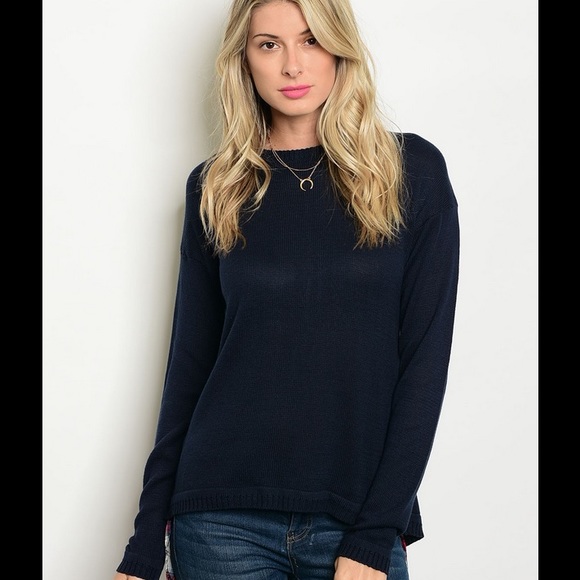 NAVY BLUE BACK ZIP SWEATER W/RED PLAID FLANNEL HEM - Picture 2 of 3